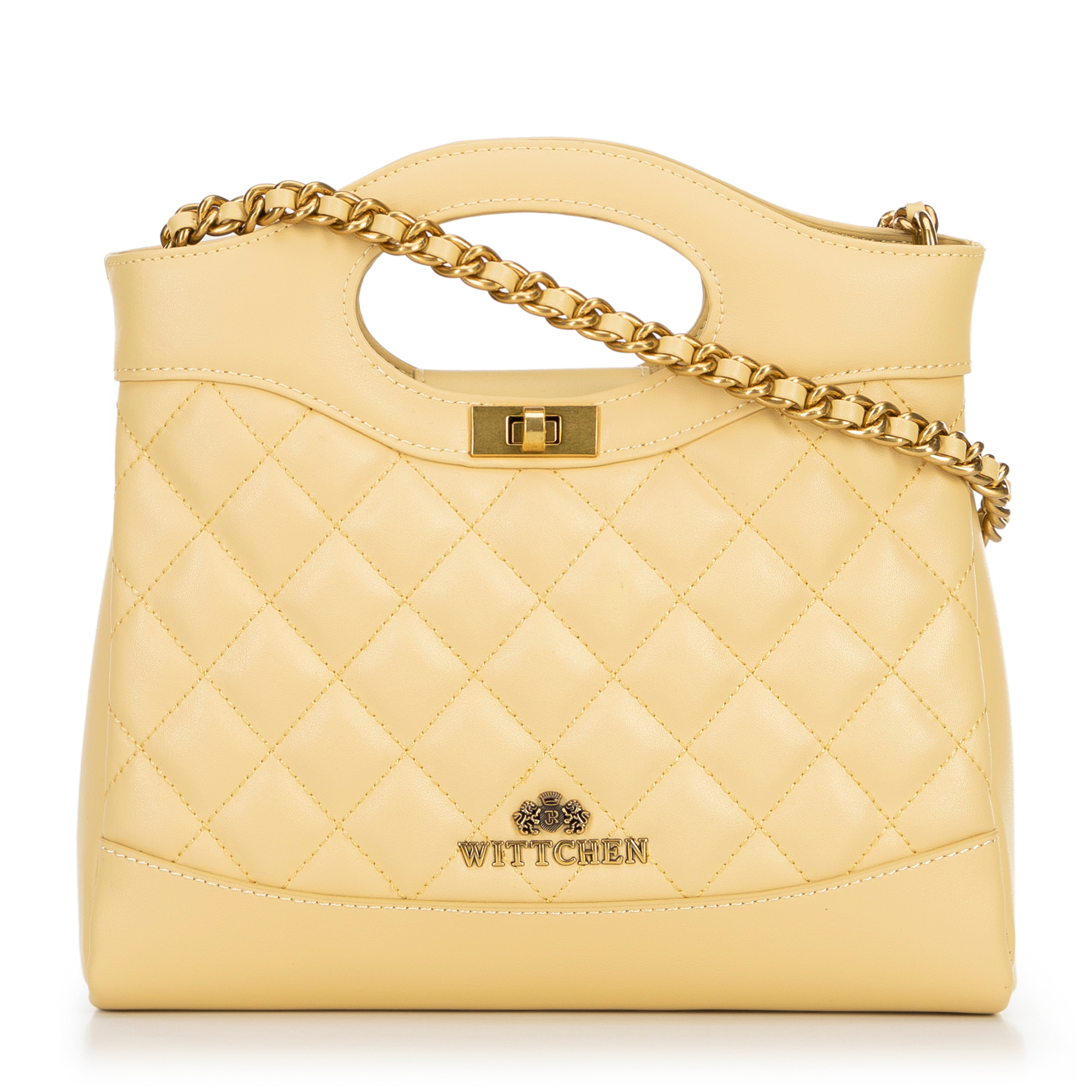 Prešívané kožené mini puzdro na retiazke, žlté 100-4E-230-Y