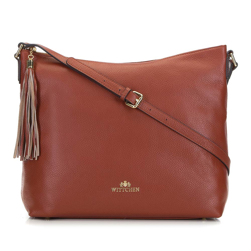 Kožená kabelka typu vak s brmbolcom koňak