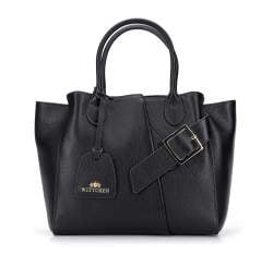 Leather tote bag with decorative mock buckle strap, black, 95-4E-643-1, Photo 1