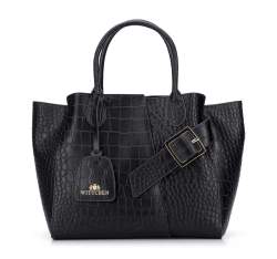 Leather tote bag with decorative mock buckle strap, black-gold, 95-4E-643-11, Photo 1