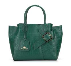 Leather tote bag with decorative mock buckle strap, green-gold, 95-4E-643-ZZ, Photo 1
