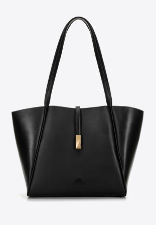 Leather shopper bag with geometric buckle strap, black, 98-4E-204-1, Photo 1