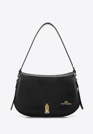 Women's leather handbag with rounded flap, black, 98-4E-216-1, Photo 1