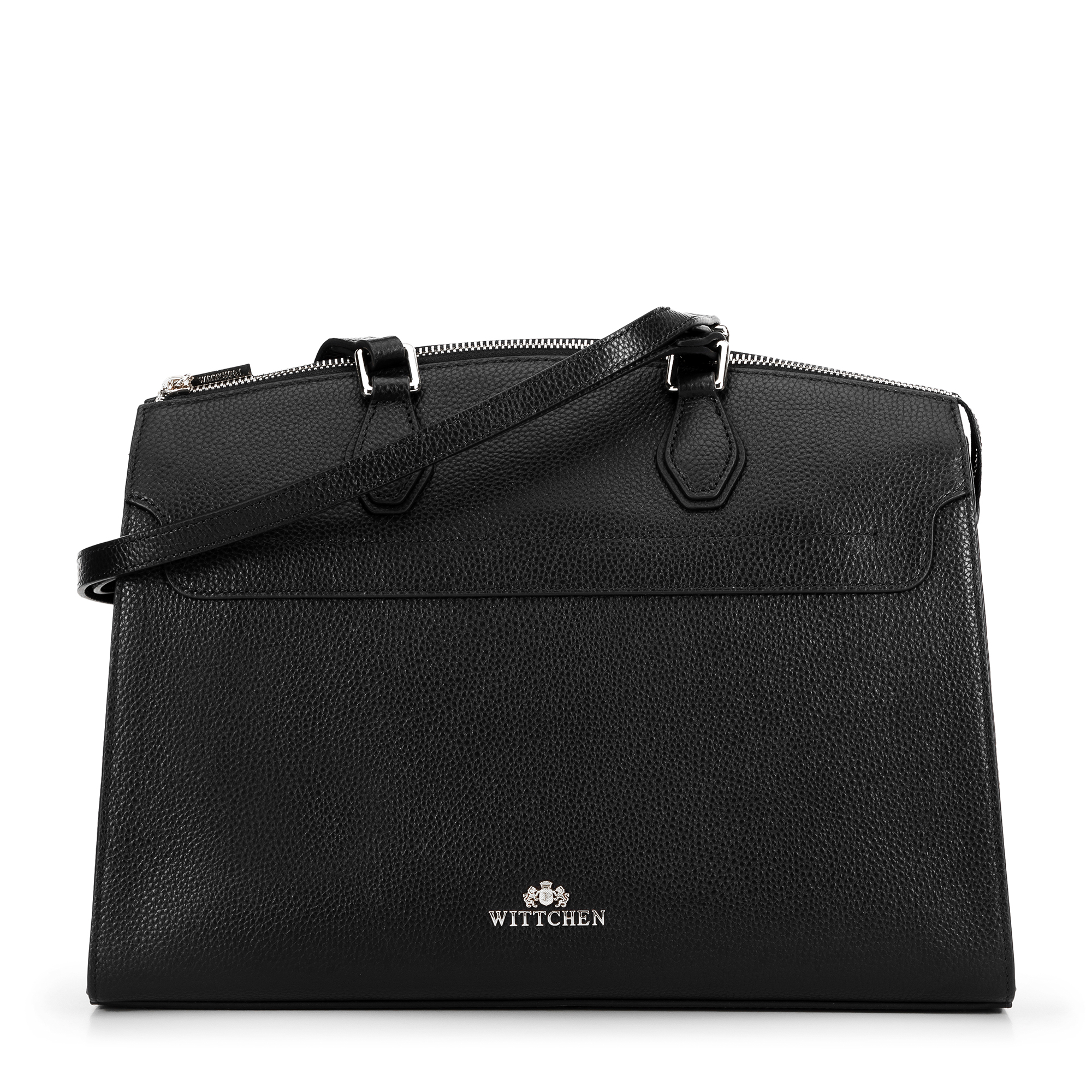 Dámska trapezová kožená kabelka čierna so strieborným logom