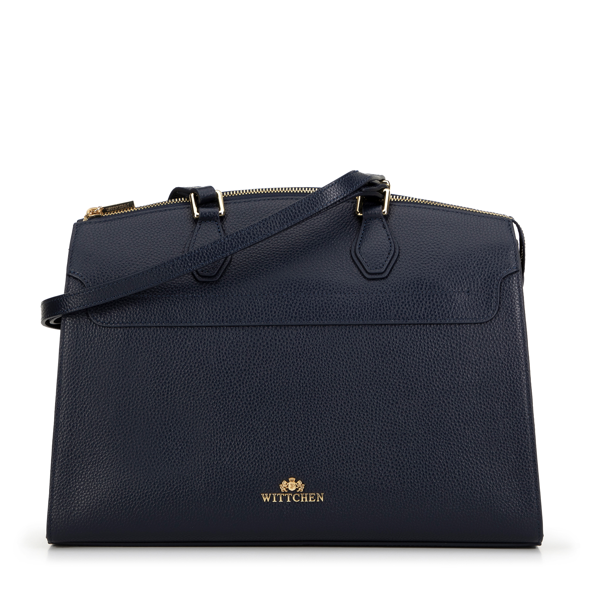 Dámska trapezová kožená kabelka tmavomodrá so zlatým logom