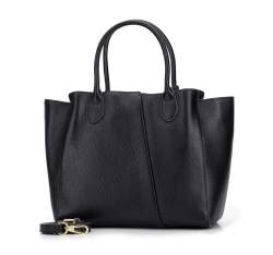 Leather tote bag with decorative mock buckle strap, black, 95-4E-643-1, Photo 1