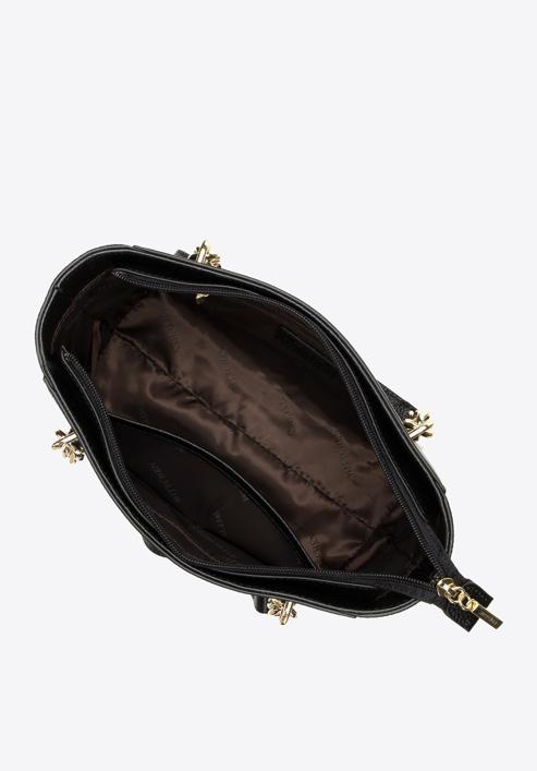 Torebka shopperka skórzana z łańcuszkami mała, czarno-złoty, 98-4E-611-1G, Zdjęcie 4