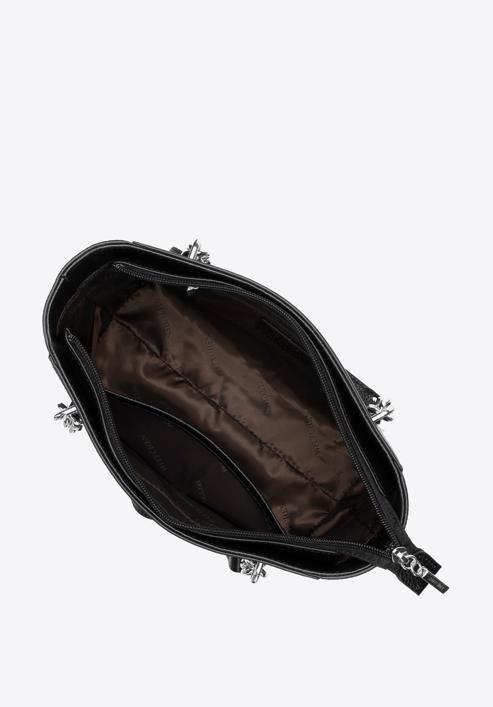 Torebka shopperka skórzana z łańcuszkami mała, czarno-srebrny, 98-4E-611-P, Zdjęcie 4