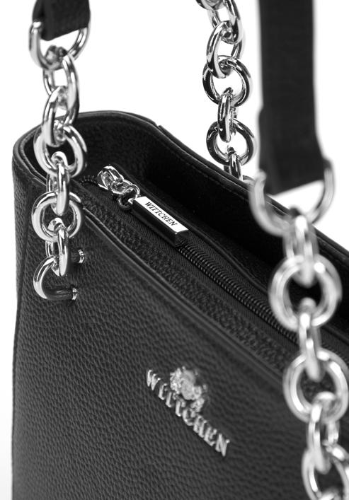 Torebka shopperka skórzana z łańcuszkami mała, czarno-srebrny, 98-4E-611-0S, Zdjęcie 6