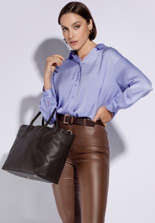 Leather tote bag with side pocket, dark brown, 95-4E-020-4, Photo 1