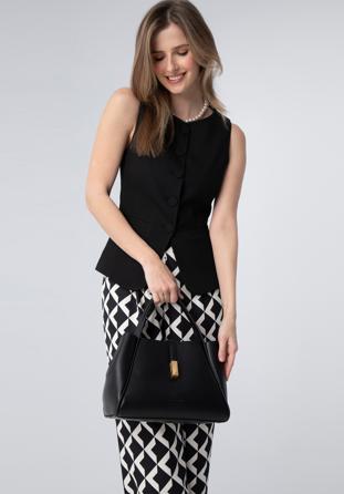 Leather tote bag with geometric buckle strap, black, 98-4E-205-1, Photo 1