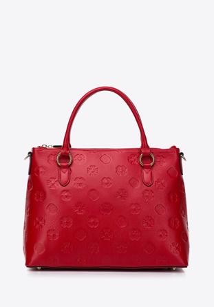 Women's large leather monogram tote bag, red, 97-4E-624-3, Photo 1