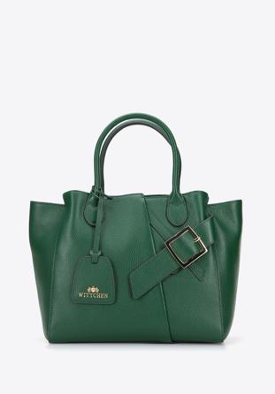 Leather tote bag with decorative mock buckle strap, green, 95-4E-643-Z, Photo 1