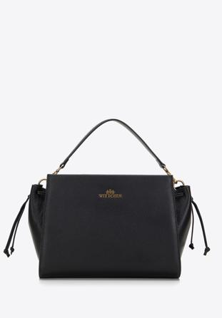 Leather tote bag with strap details, black, 98-4E-208-1, Photo 1