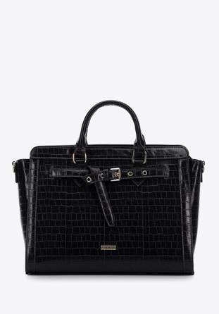 Croc-print faux leather tote bag, black, 97-4Y-217-1, Photo 1
