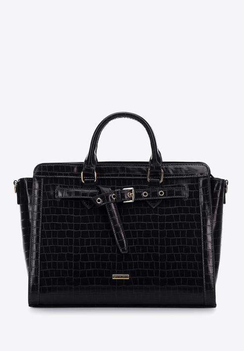 Croc-print faux leather tote bag, black, 97-4Y-217-3, Photo 1