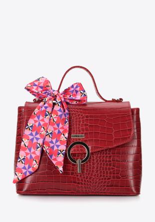 Croc faux leather tote bag with bow detail, red, 96-4Y-220-3, Photo 1