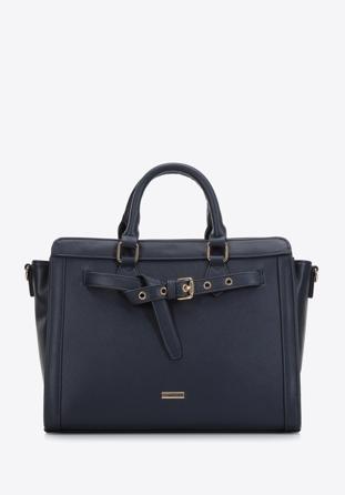 Saffiano-textured faux leather tote bag, navy blue, 97-4Y-219-7, Photo 1