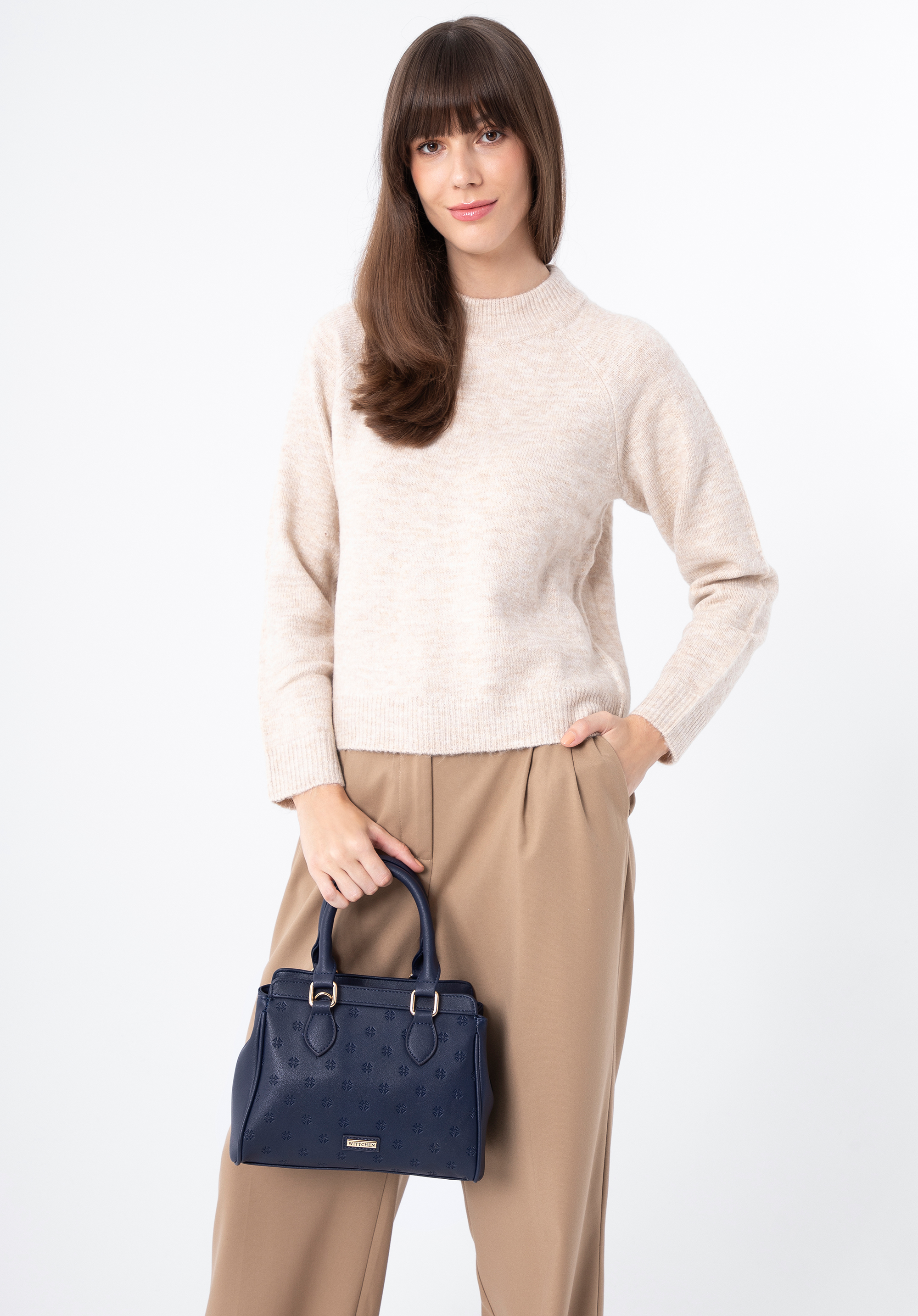 Torebka kuferek z ekoskóry tłoczona w monogram mała, granatowy, 97-4Y-226-7, Zdjęcie 1