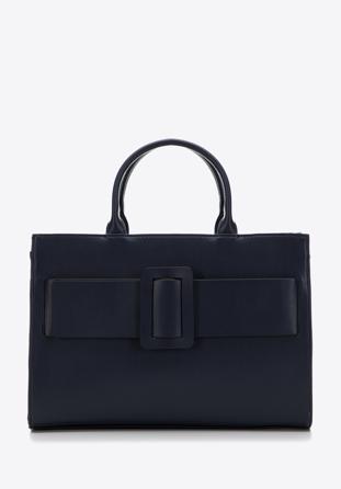 Faxu leather tote bag with geometric buckle, navy blue, 97-4Y-757-N, Photo 1