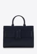 Faxu leather tote bag with geometric buckle, navy blue, 97-4Y-757-N, Photo 1