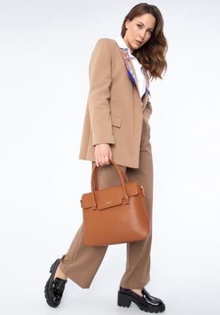 Faux leather cut-out flap tote bag, brown, 97-4Y-600-5, Photo 1