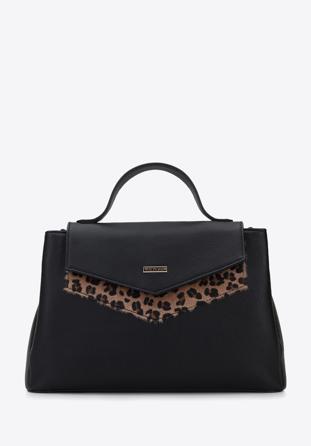 Faux leather tote bag with animal print detail, black, 95-4Y-528-1, Photo 1