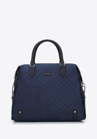 Jacquard and leather tote bag, navy blue, 95-4-907-N, Photo 1