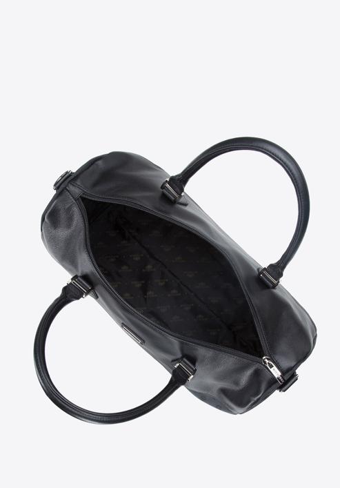 Torebka kuferek z żakardu z opaskami ze skóry duża, czarny, 95-4-900-8, Zdjęcie 3