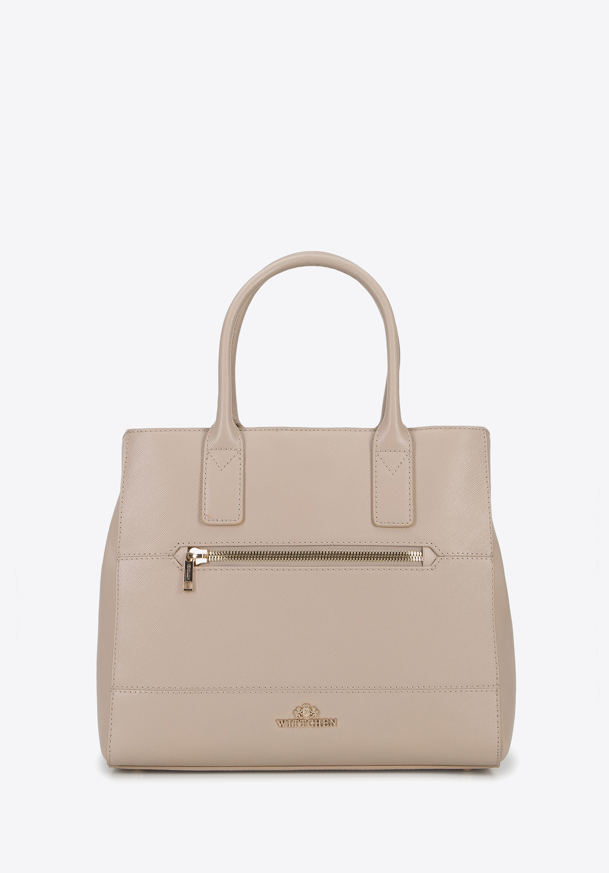 Torebka kuferek ze skóry o fakturze saffiano dwukomorowa, beżowy, 96-4E-005-9, Zdjęcie 1