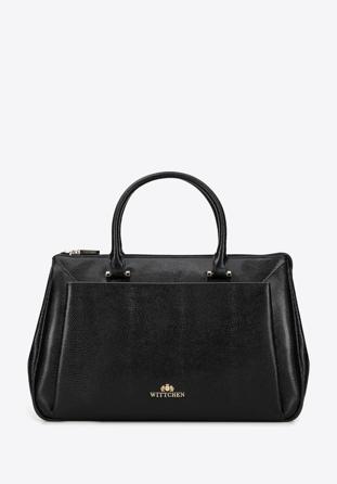 Leather tote bag with large front pocket, black-gold, 95-4E-646-11, Photo 1