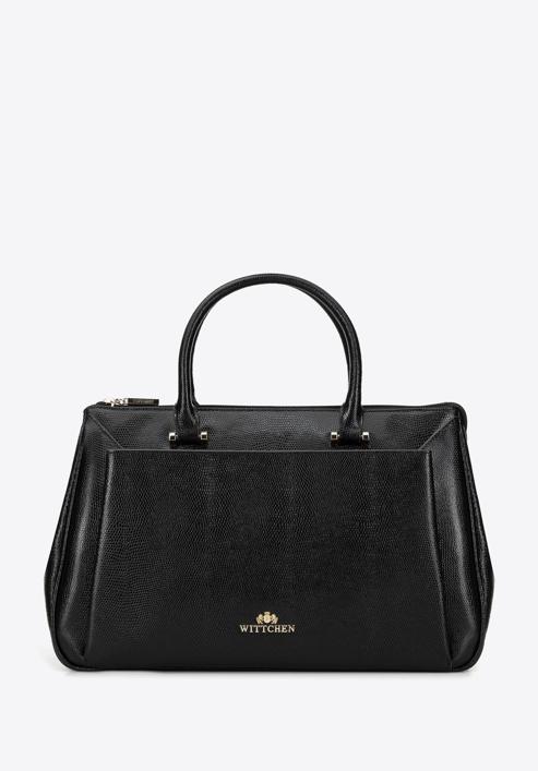 Leather tote bag with large front pocket, black-gold, 95-4E-646-1, Photo 1