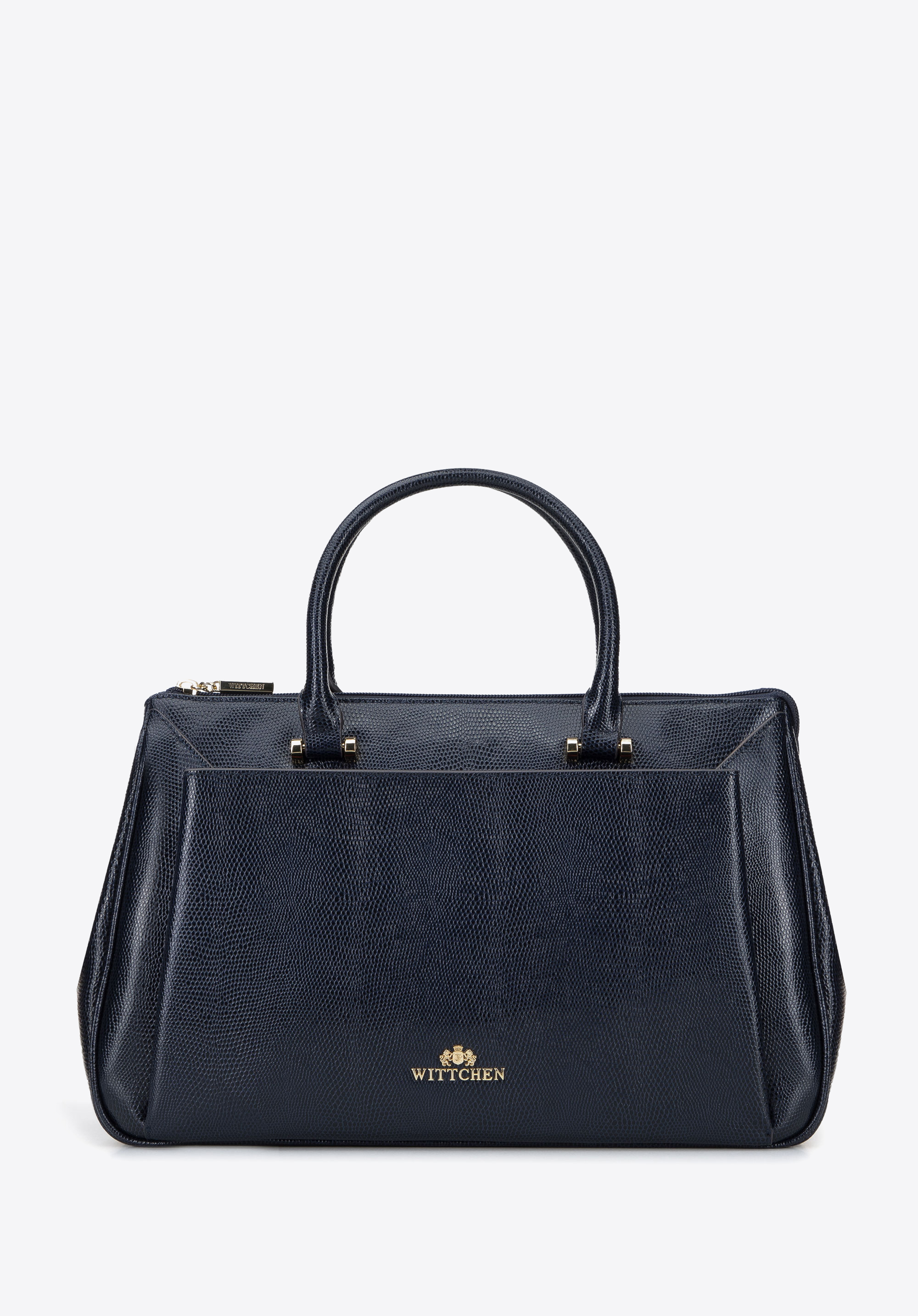 Leather tote bag with large front pocket, navy blue, 95-4E-646-7, Photo 1
