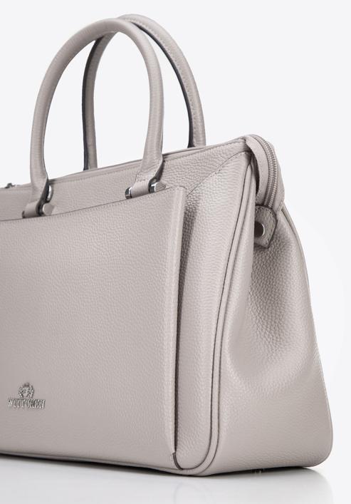 Leather tote bag with large front pocket, light grey, 95-4E-646-11, Photo 4