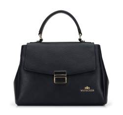 Leather tote bag with a gold-tone buckle, black, 95-4E-603-1, Photo 1
