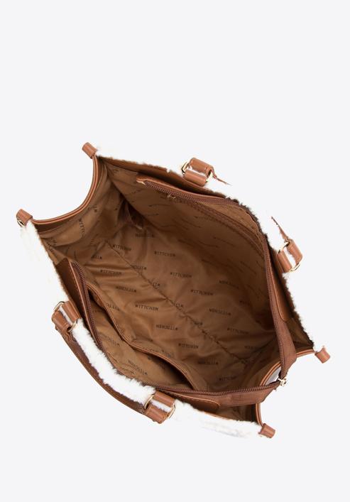 Torebka kuferek ze wstawkami ze sztucznego futerka, kremowo-brązowy, 97-4Y-505-1, Zdjęcie 3