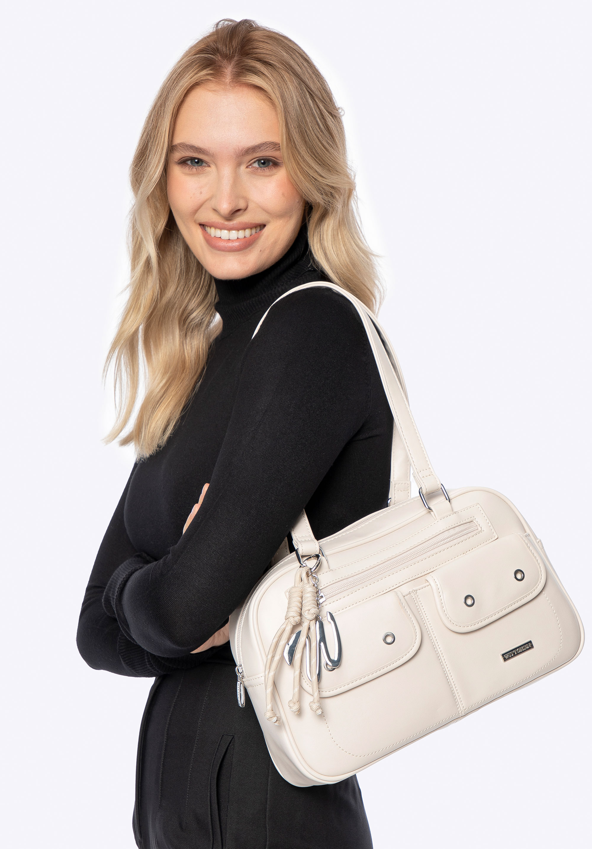 Torebka na ramię z imitacji skóry z kieszonkami, kremowy, 101-4Y-407-9, Zdjęcie 1