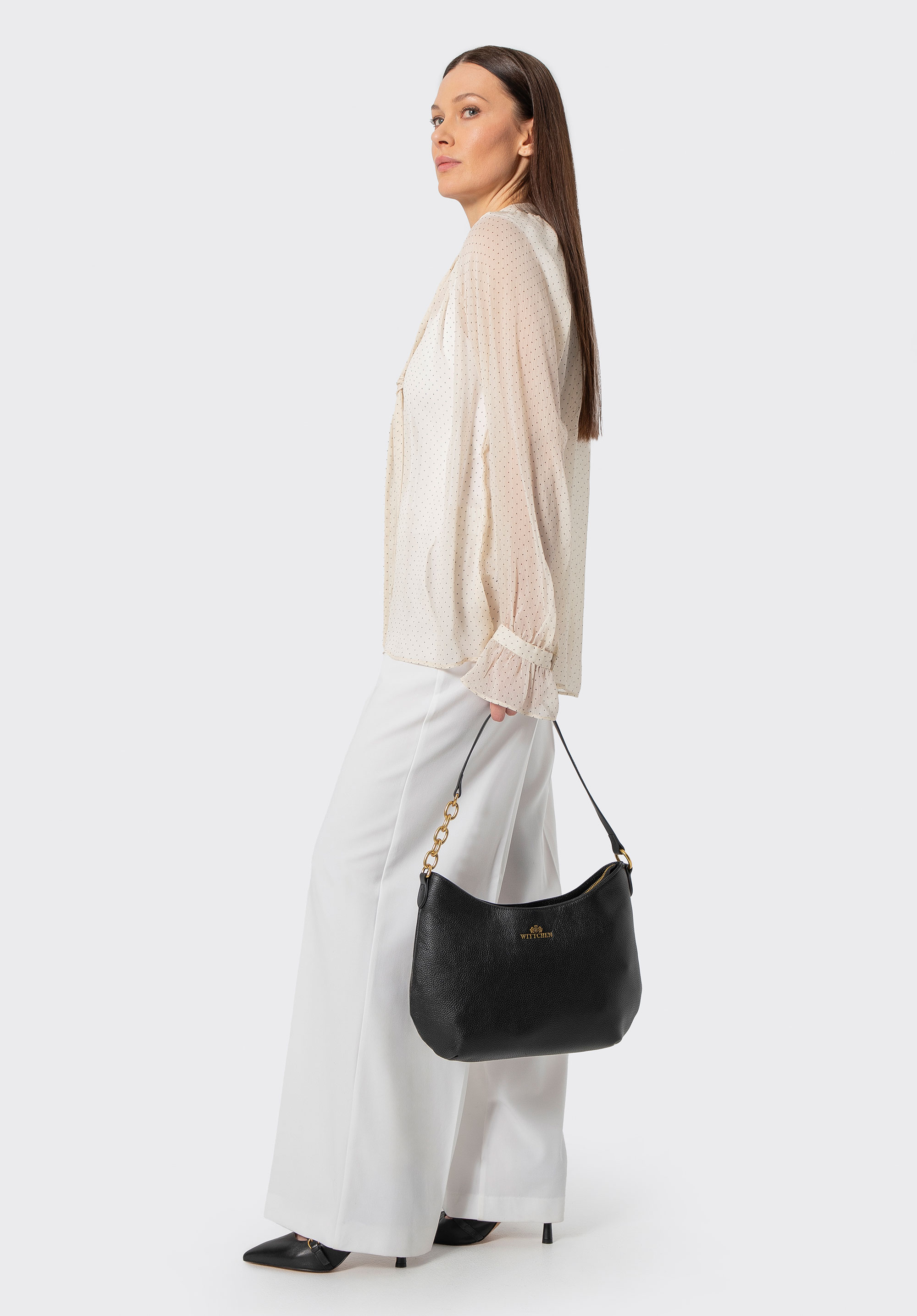 Women's leather handbag with chain detail, black, 100-4E-603-1, Photo 1