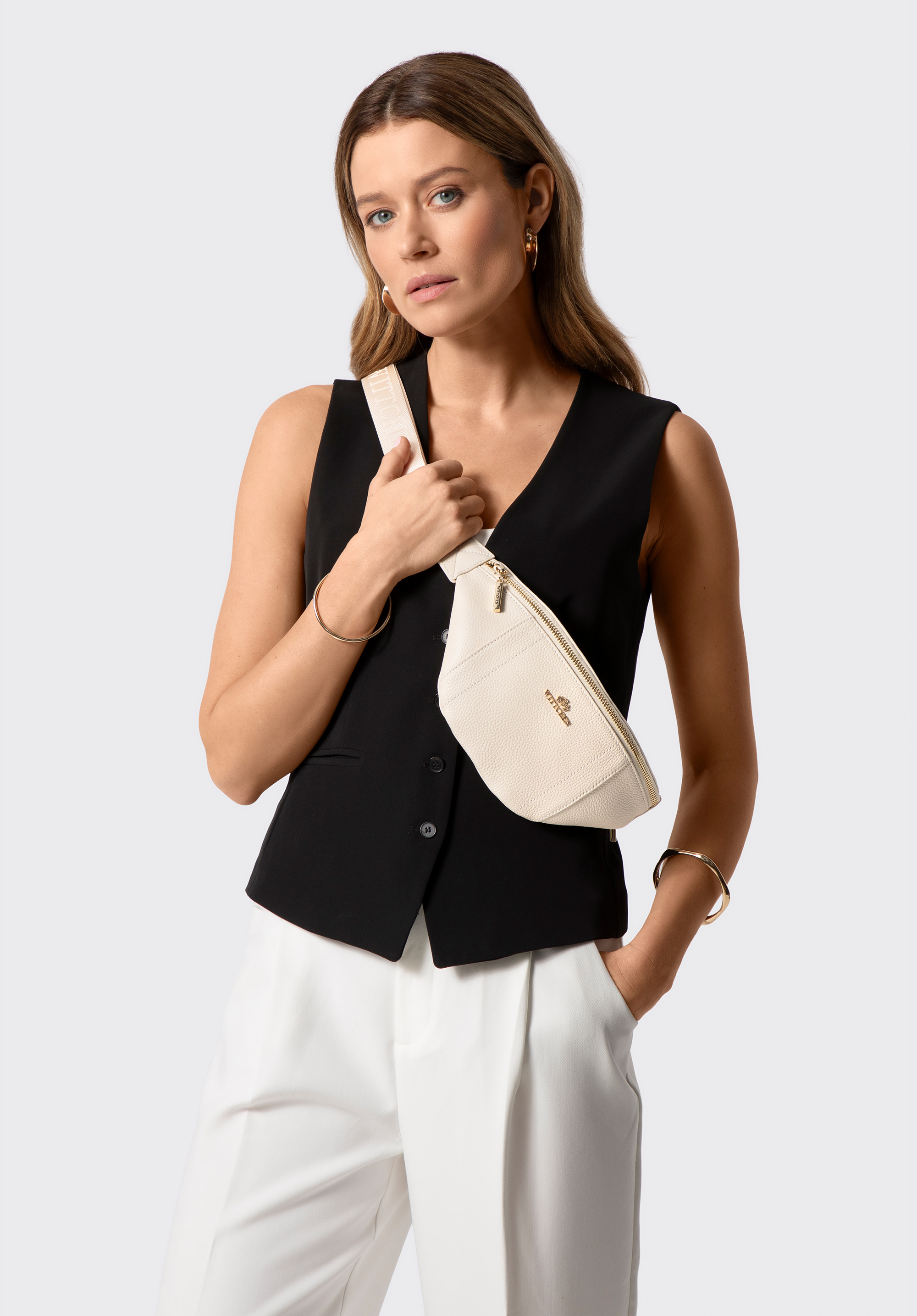 Torebka nerka ze skóry naturalnej, kremowy, 102-3E-625-0, Zdjęcie 1