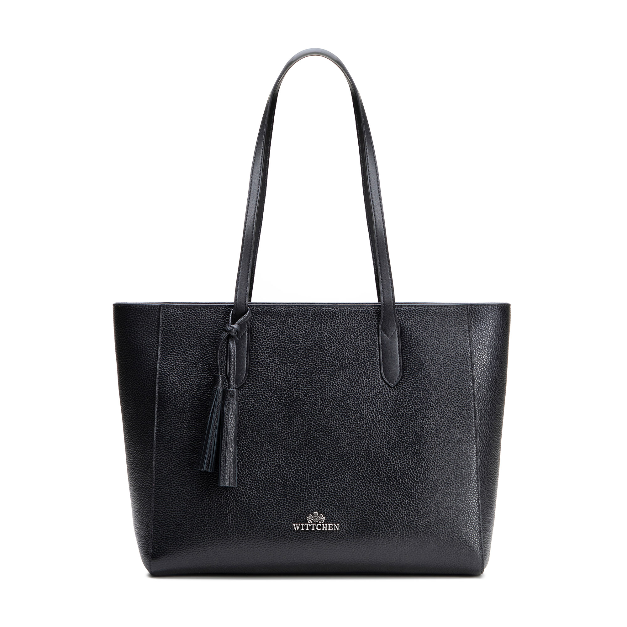 Shopperka z kože s ozdobným strapcom čierno-strieborná 100-4E-610-1S