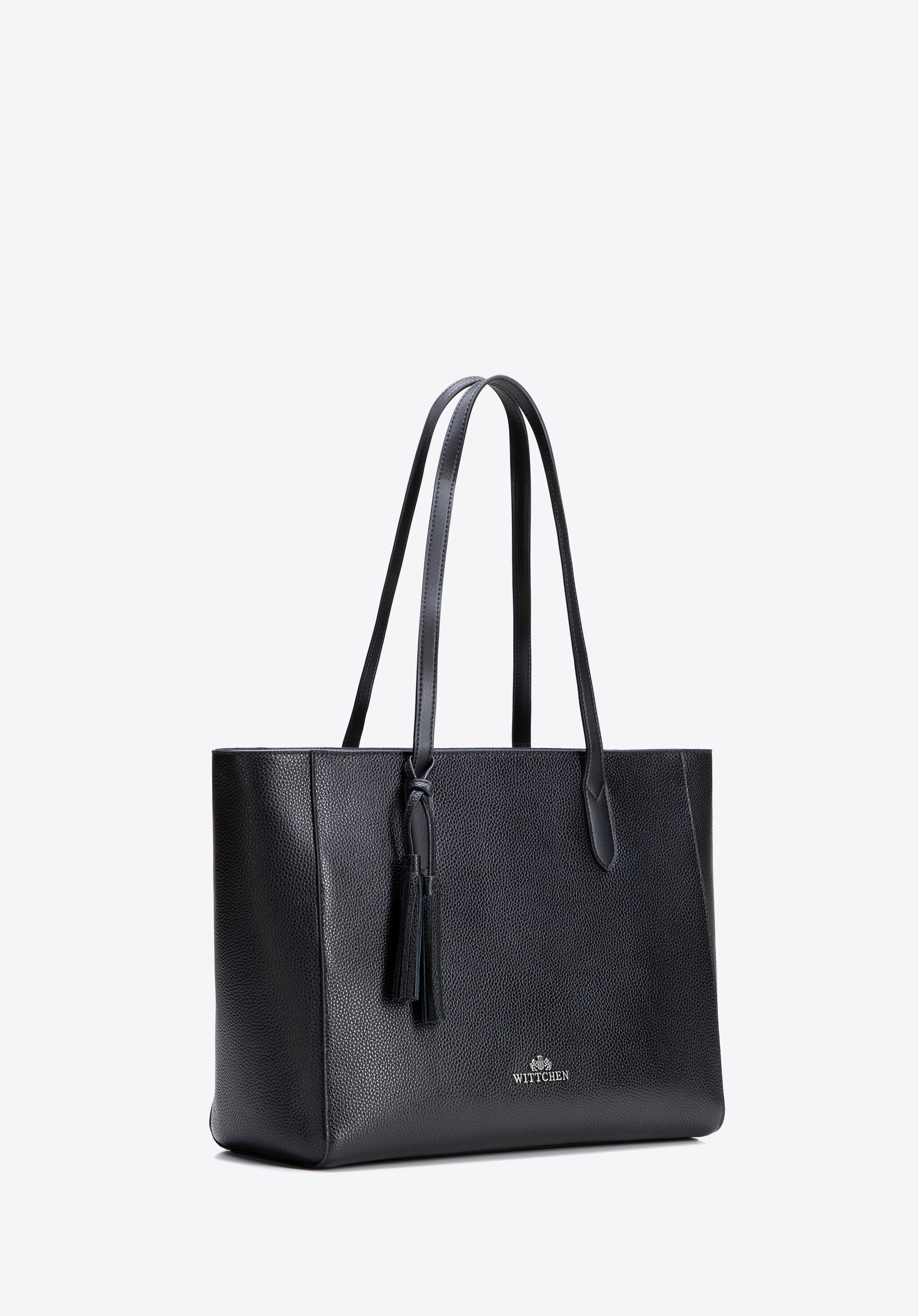 Torebka shopper ze skóry z chwostem, czarno-srebrny, 100-4E-610-1S, Zdjęcie 1