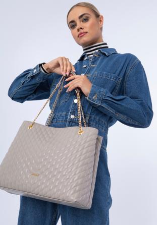 Quilted faux leather shopper bag, beige grey, 97-4Y-603-9, Photo 1