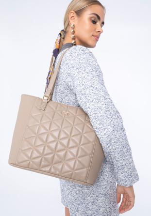 Quilted faux leather shopper bag, beige, 97-4Y-606-9, Photo 1