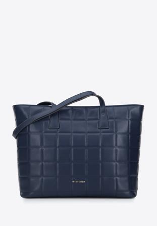 Large quilted leather shopper bag, navy blue, 95-4E-657-7, Photo 1