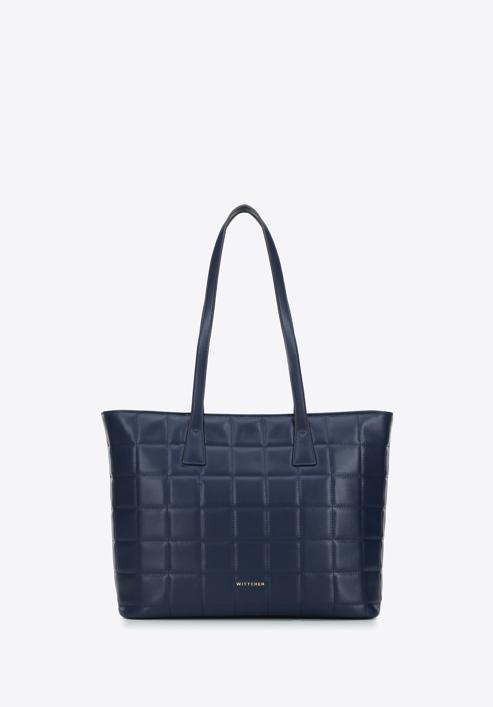 Large quilted leather shopper bag, navy blue, 95-4E-657-7, Photo 2