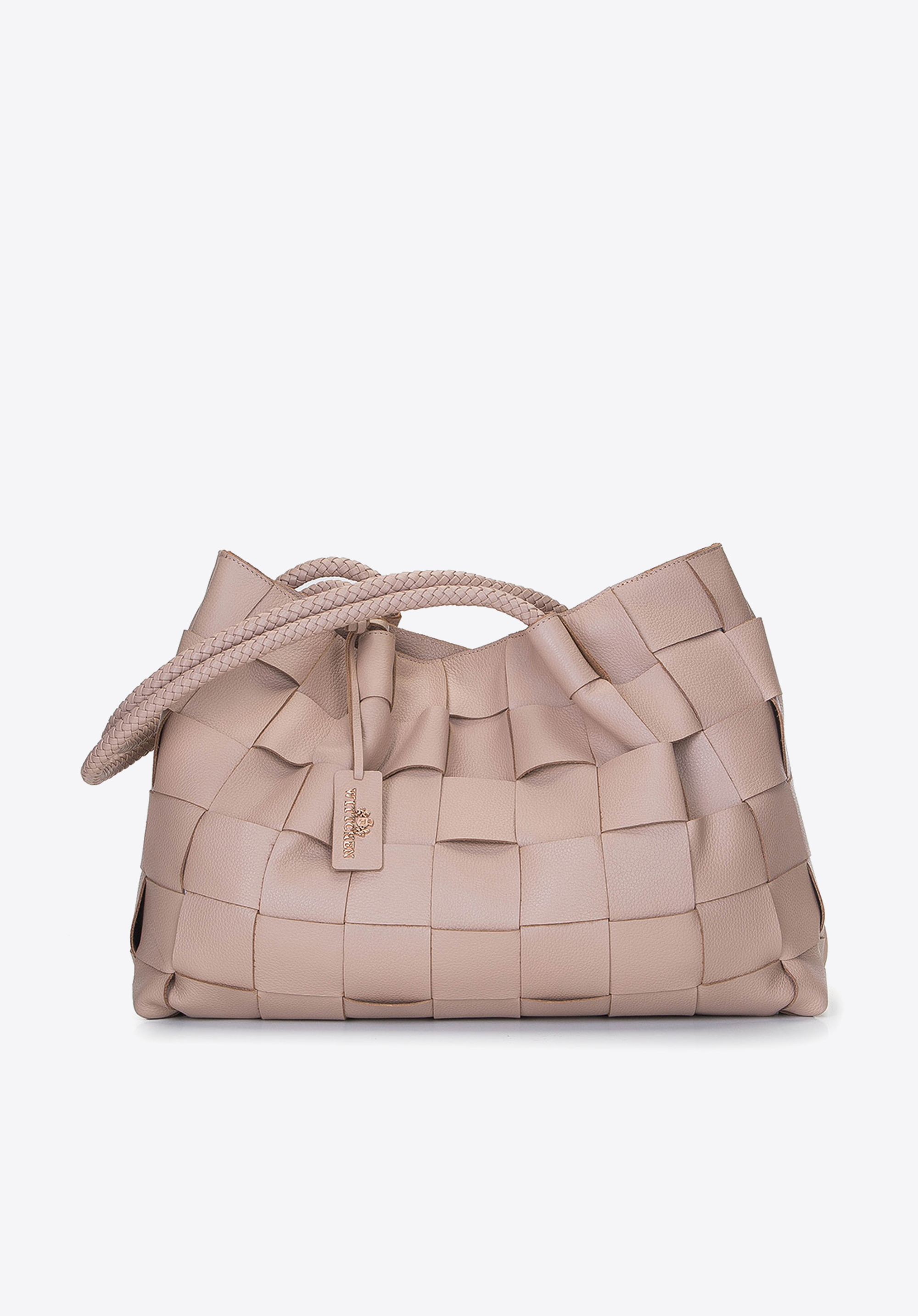 Leather woven shopper bag, beige, 92-4E-900-9, Photo 1