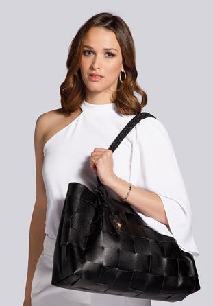 Leather woven shopper bag, black, 92-4E-900-1, Photo 1