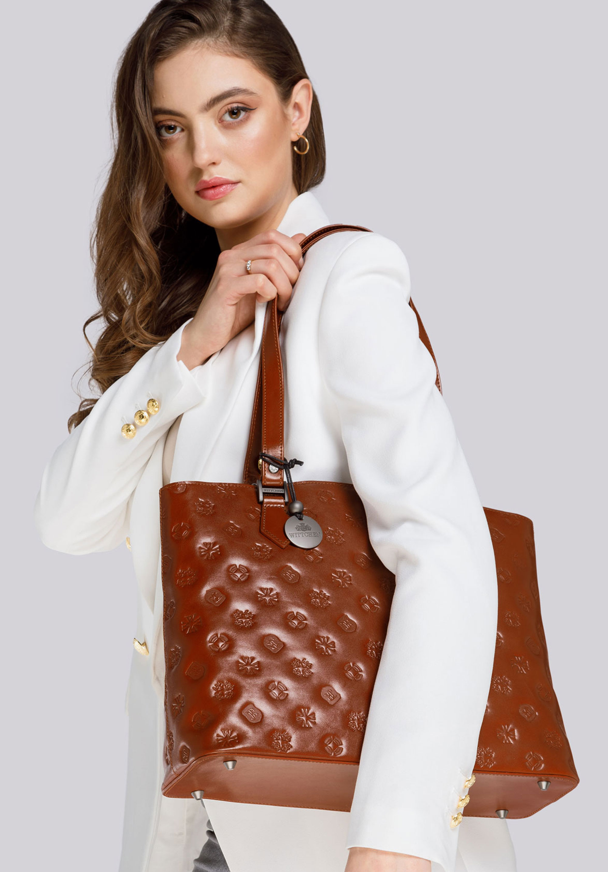 Torebka shopperka skórzana wytłaczana, brązowy, 33-4-101-5L, Zdjęcie 1