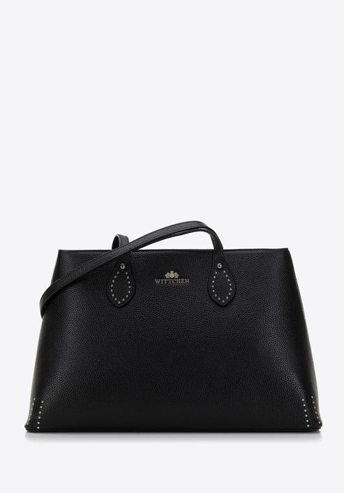 Leather studded shopper bag, black, 98-4E-608-1, Photo 1