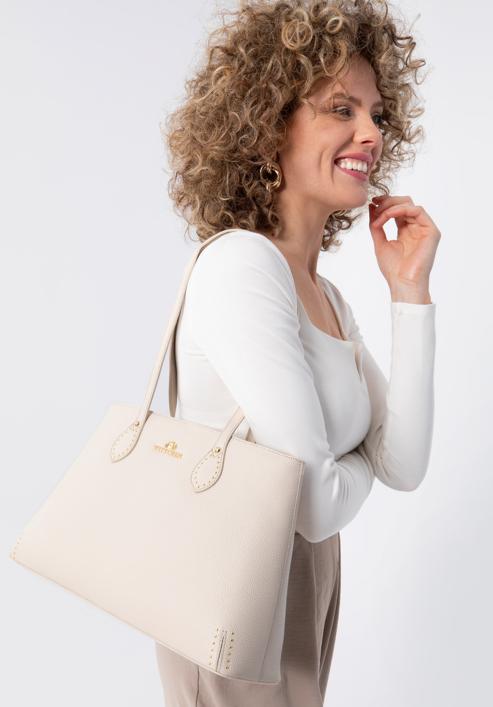 Leather studded shopper bag, light beige, 98-4E-608-9, Photo 15